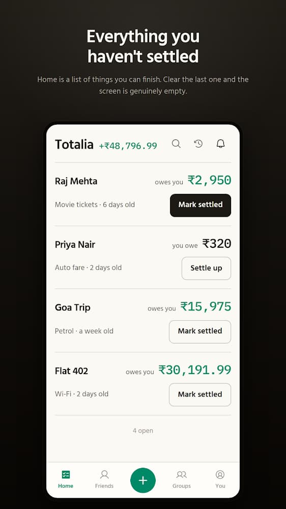 Totalia home screen listing open balances to settle