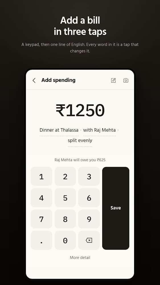 Totalia adding a bill with a keypad and one line of English