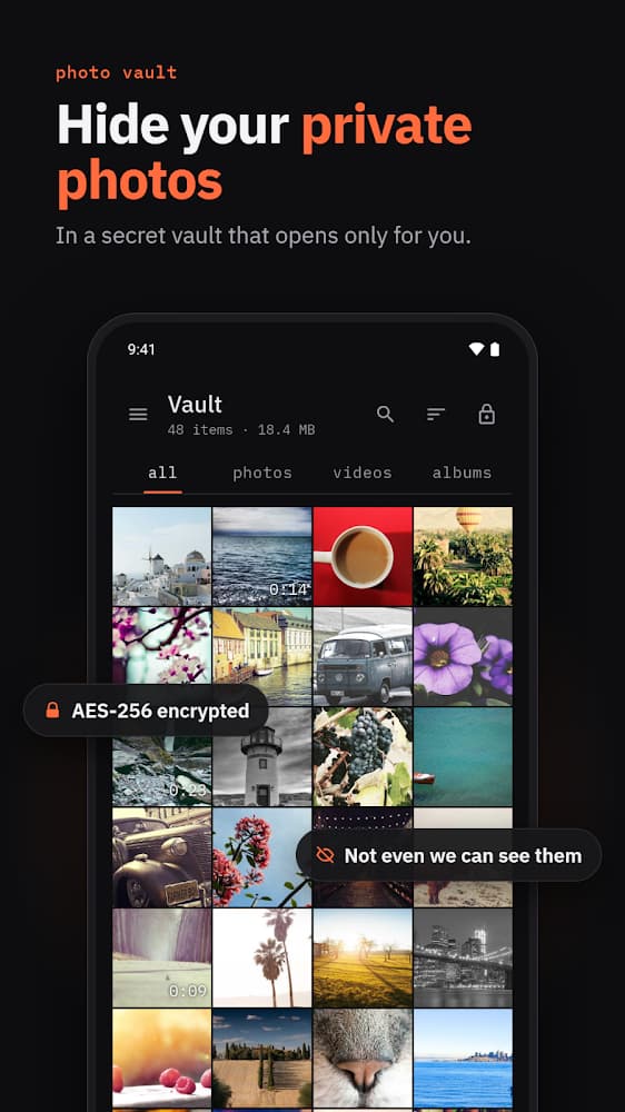 Hidey vault with hidden photos and videos, encrypted with AES-256
