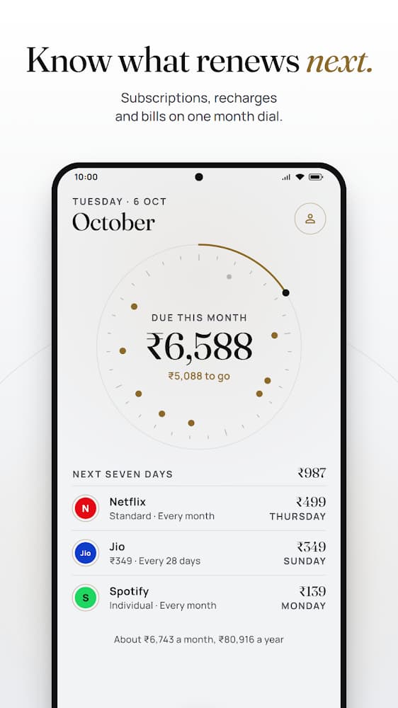 Recuro month dial showing what is due this month and in the next seven days