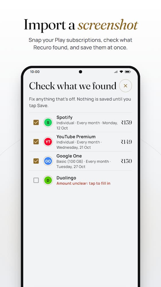Recuro importing Google Play subscriptions from a screenshot
