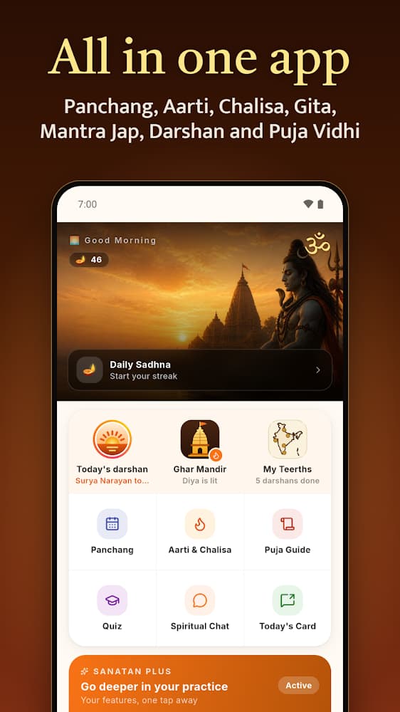 Sanatan Marg home screen with daily sadhana, darshan, Panchang and aarti